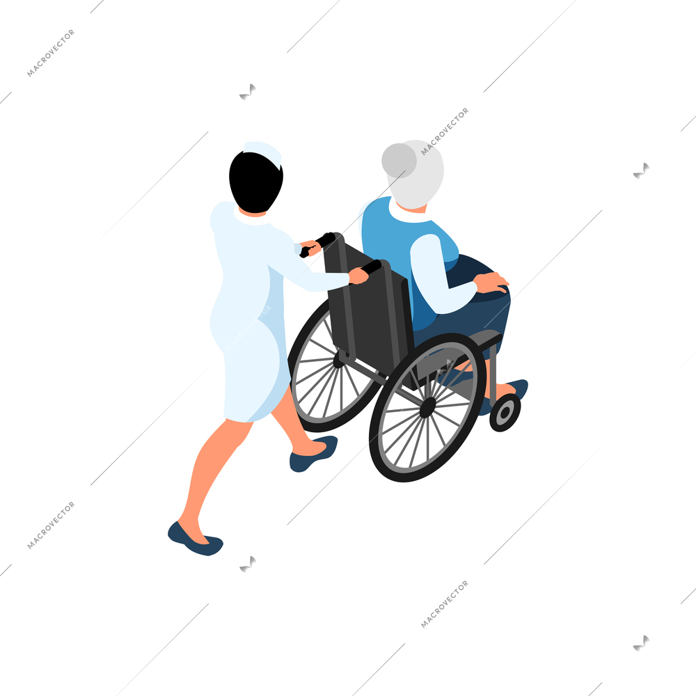 Nursing home elderly care isometric composition with woman sitting in wheelchair driven by staff member vector illustration