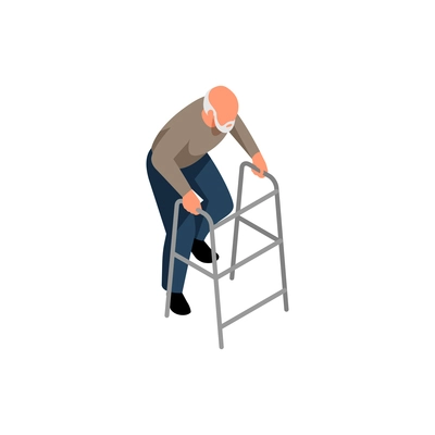 Nursing home elderly care isometric composition with elderly man character with walking aid vector illustration