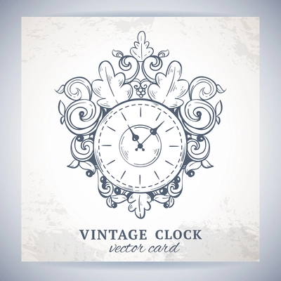 Old vintage retro sketch wall clock with decoration paper postcard vector illustration