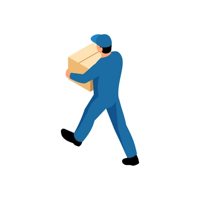 Office relocation isometric composition with worker carrying carton box vector illustration