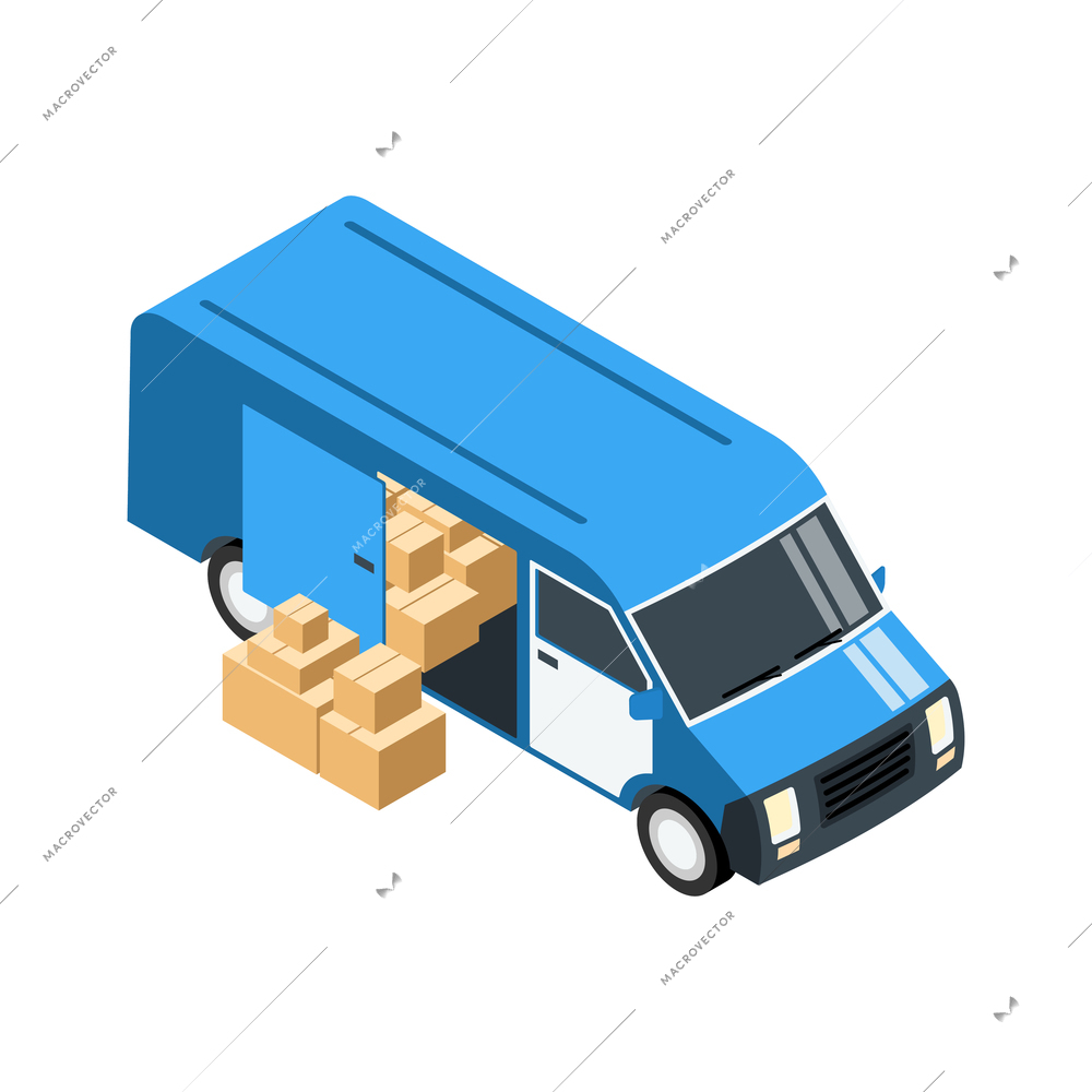 Office relocation isometric composition with lots of carton boxes inside van with open door vector illustration