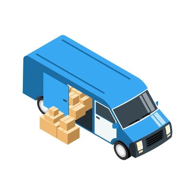 Office relocation isometric composition with lots of carton boxes inside van with open door vector illustration