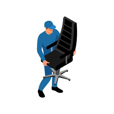 Office relocation isometric composition with worker carrying work chair with wheels vector illustration
