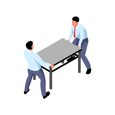 Office relocation isometric composition with pair of coworkers carrying working table vector illustration