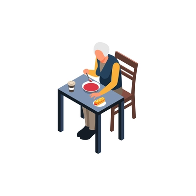 Nursing home elderly care isometric composition with elderly woman eating dinner meal at table vector illustration