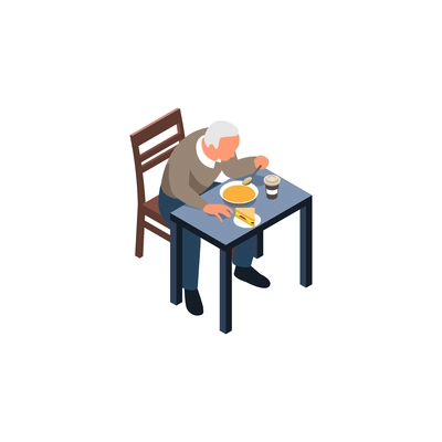 Nursing home elderly care isometric composition with senior person sitting at dining table having dinner vector illustration