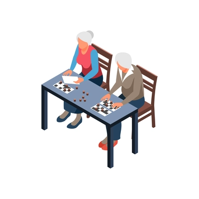 Nursing home elderly care isometric composition with senior women sitting at table playing lotto vector illustration