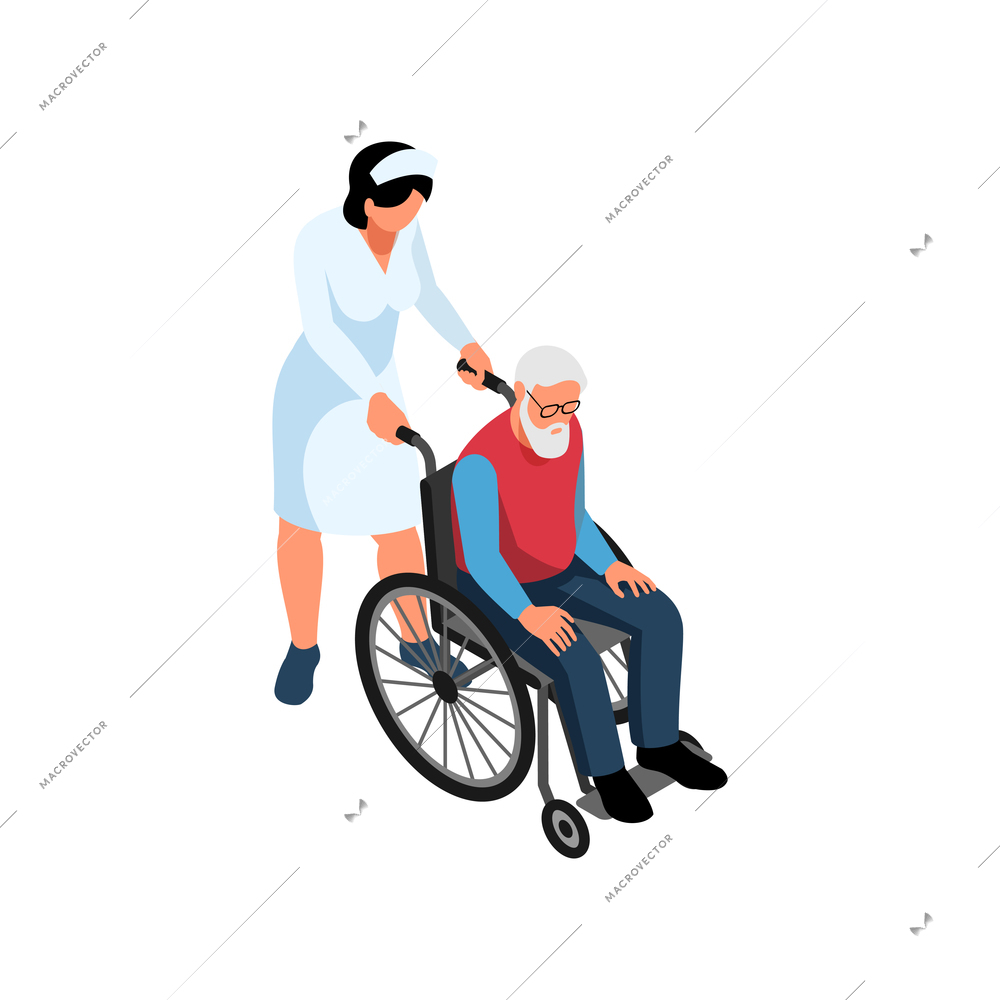 Nursing home elderly care isometric composition with staff member carrying senior resident on wheelchair vector illustration