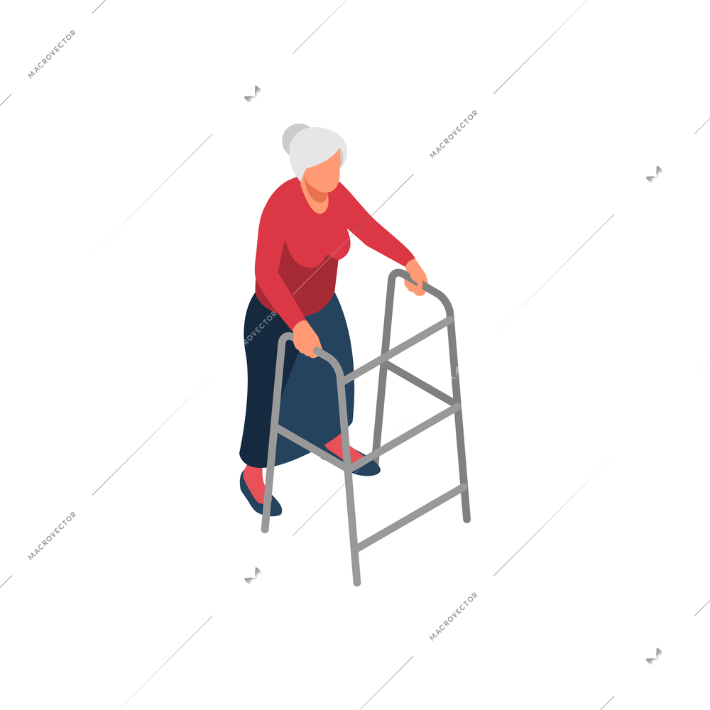 Nursing home elderly care isometric composition with elderly man character with walking aid vector illustration