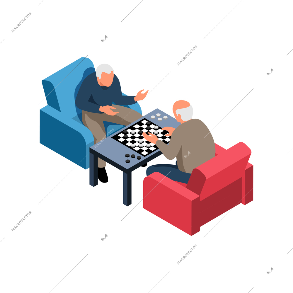 Nursing home elderly care isometric composition with senior men sitting in armchairs playing chess vector illustration