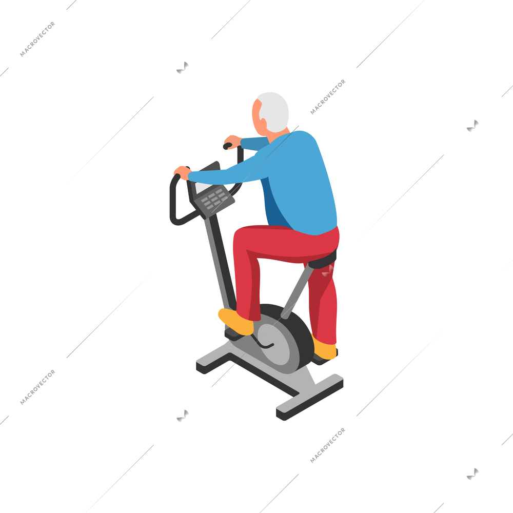 Nursing home elderly care isometric composition with senior person practicing on exercise bicycle vector illustration