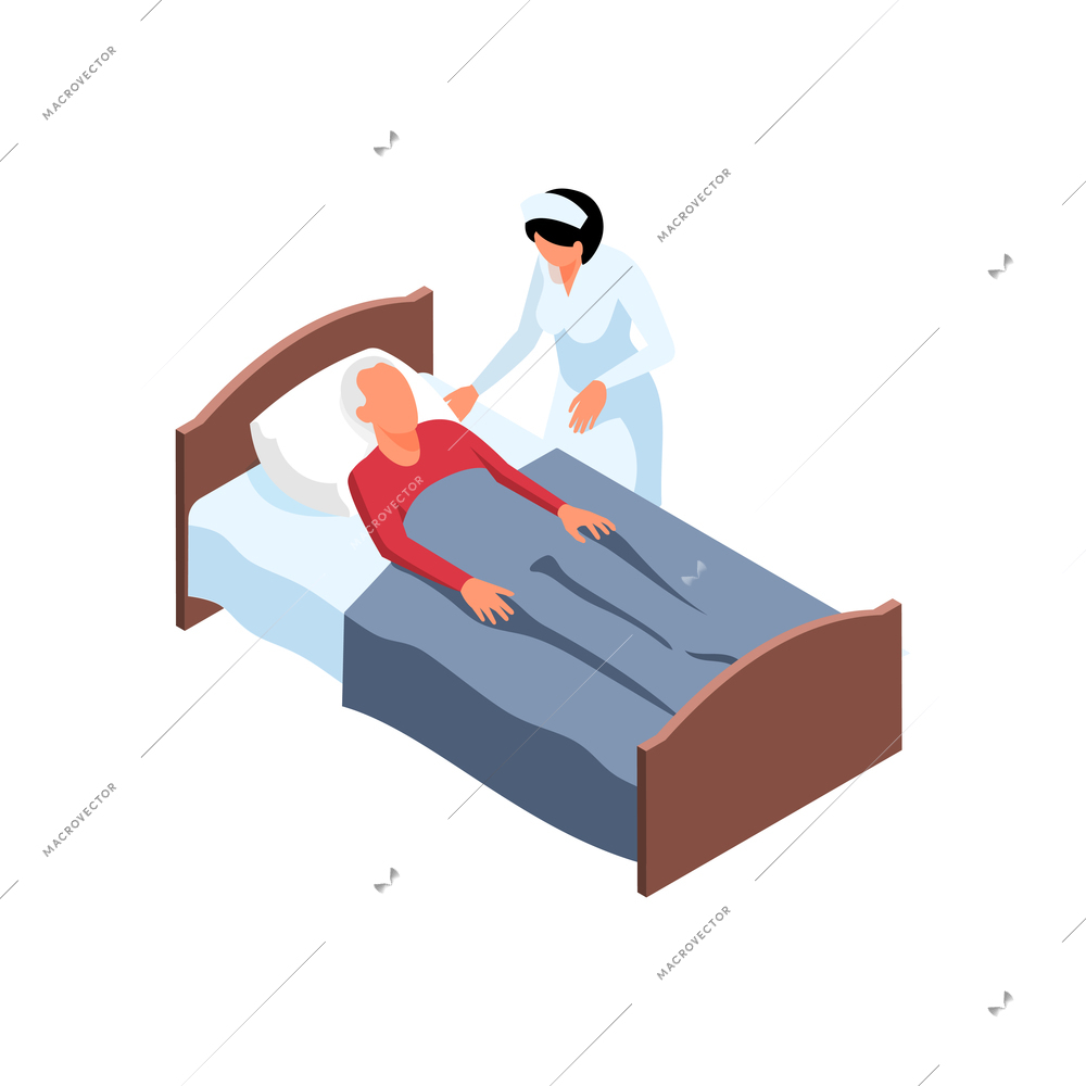 Nursing home elderly care isometric composition with staff member checking patients condition vector illustration