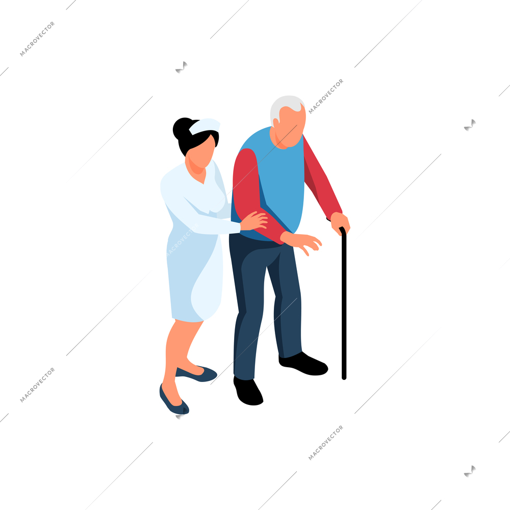 Nursing home elderly care isometric composition with staff member helping senior man to walk vector illustration