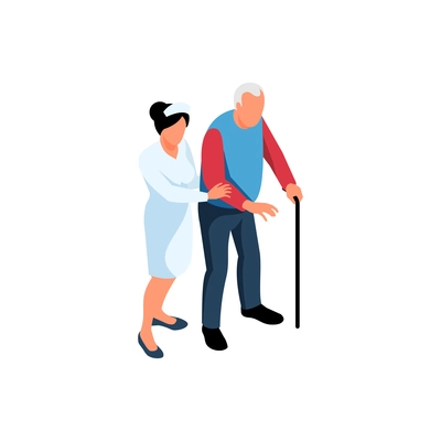 Nursing home elderly care isometric composition with staff member helping senior man to walk vector illustration