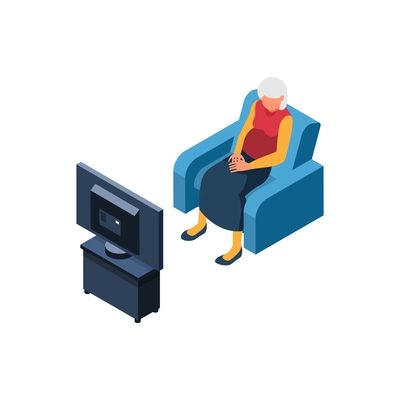 Nursing home elderly care isometric composition with old woman watching tv in armchair vector illustration