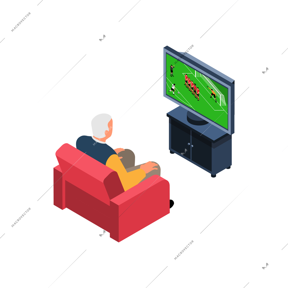 Nursing home elderly care isometric composition with elderly person sitting in armchair watching tv vector illustration