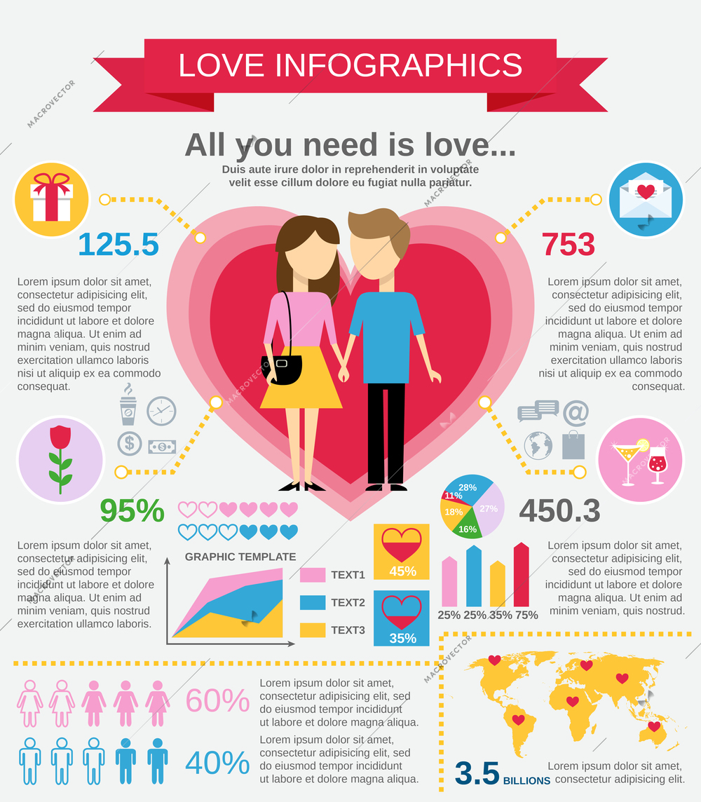 Love marriage couple infographic set with charts and world map vector illustration