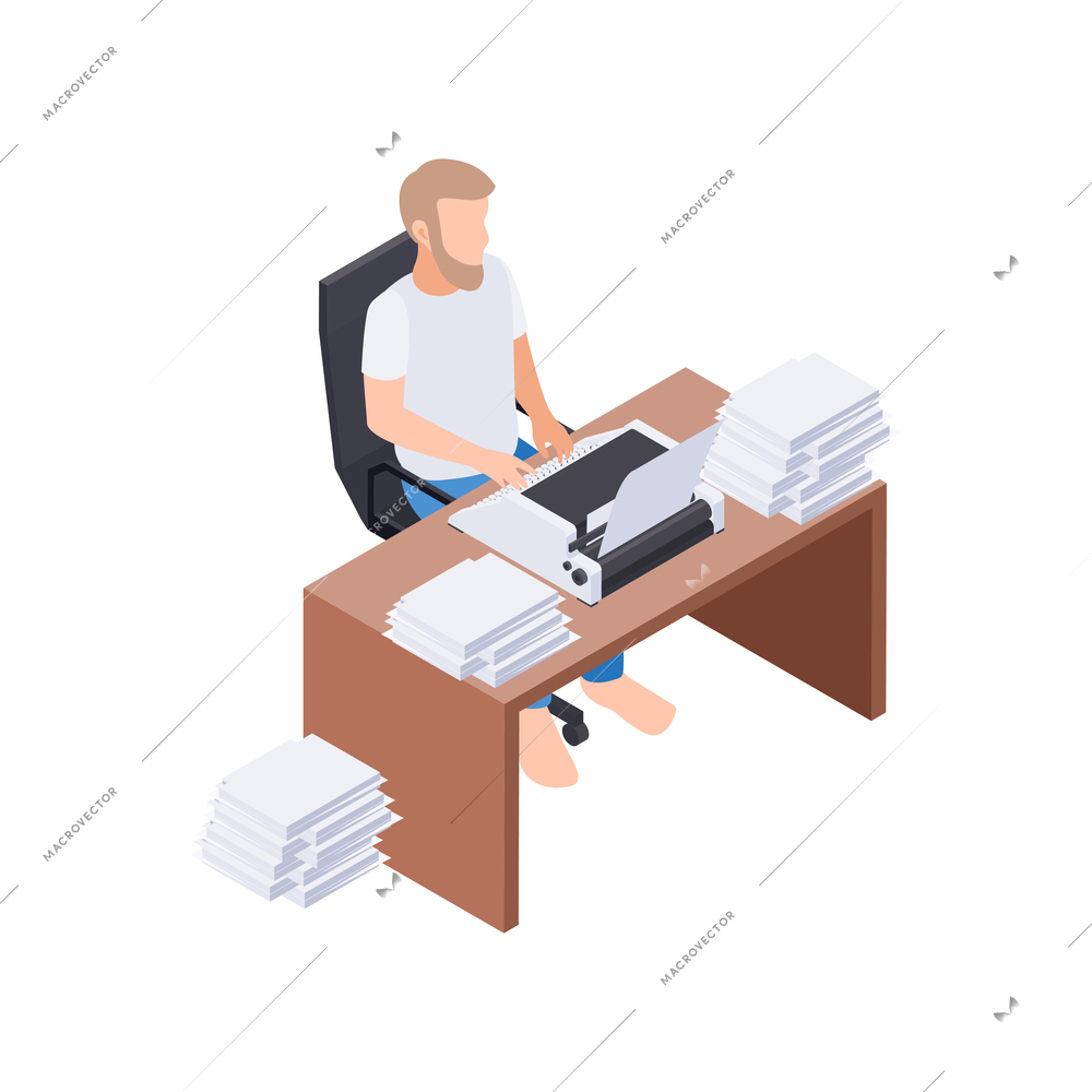 People staying at home hobby composition with man sitting at table with typewriter and paper sheets vector illustration