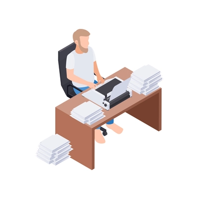 People staying at home hobby composition with man sitting at table with typewriter and paper sheets vector illustration