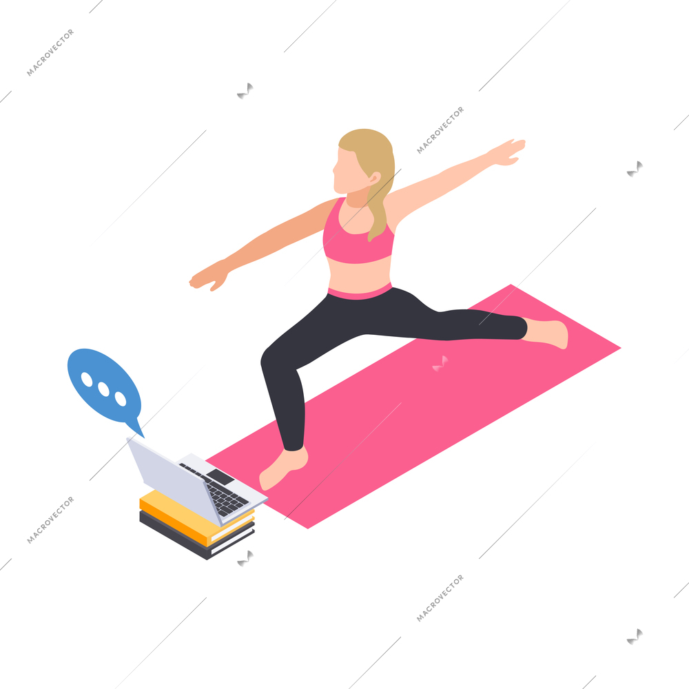 People staying at home hobby composition with woman doing fitness exercises with laptop tutor vector illustration