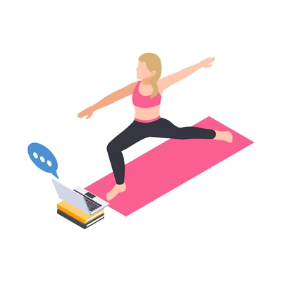 People staying at home hobby composition with woman doing fitness exercises with laptop tutor vector illustration