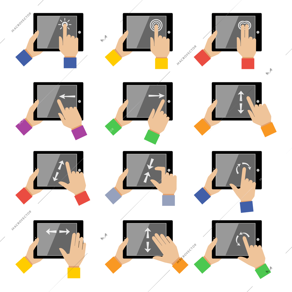 Hand holding tablet device gestures icons set isolated vector illustration