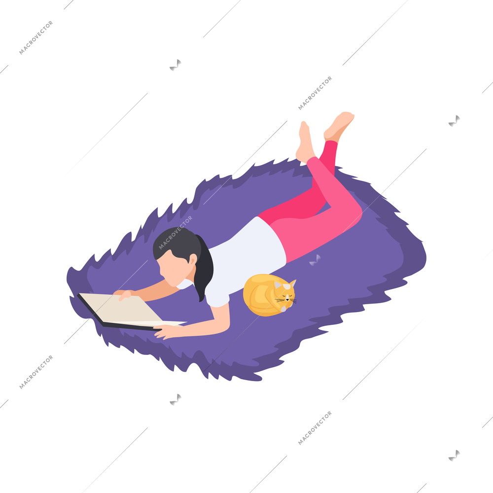 People staying at home hobby composition with woman lying on cozy carpet reading book with cat vector illustration