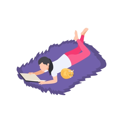 People staying at home hobby composition with woman lying on cozy carpet reading book with cat vector illustration