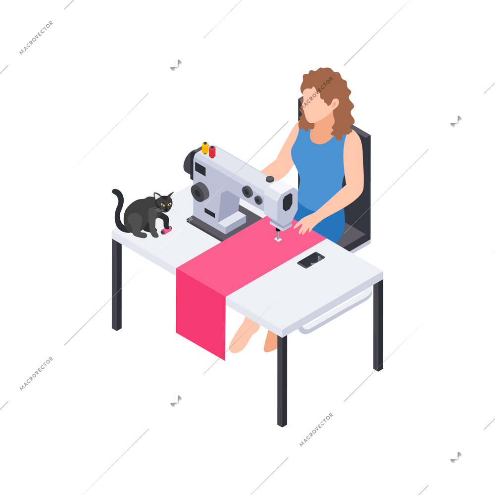 People staying at home hobby composition with cat and woman working with sewing machine vector illustration