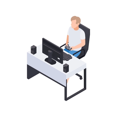 People staying at home hobby composition with man sitting at working table with desktop computer vector illustration