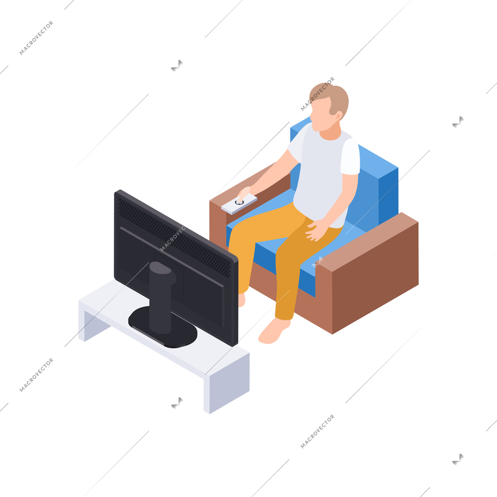 People staying at home hobby composition with man sitting in armchair watching tv vector illustration