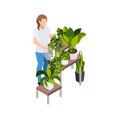 People staying at home hobby composition with woman taking care of home plants vector illustration