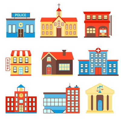 Government building icons set of police shop church isolated vector illustration