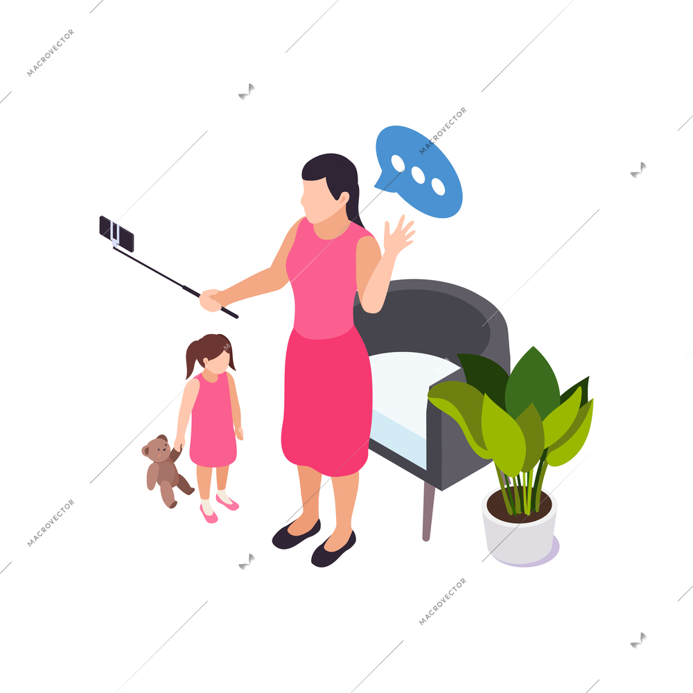 People staying at home hobby composition with little girl and woman shooting herself on smartphone vector illustration