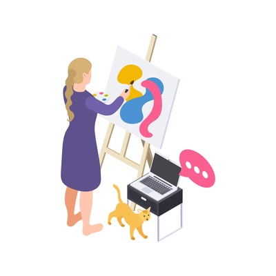 People staying at home hobby composition with drawing easel and female painter vector illustration