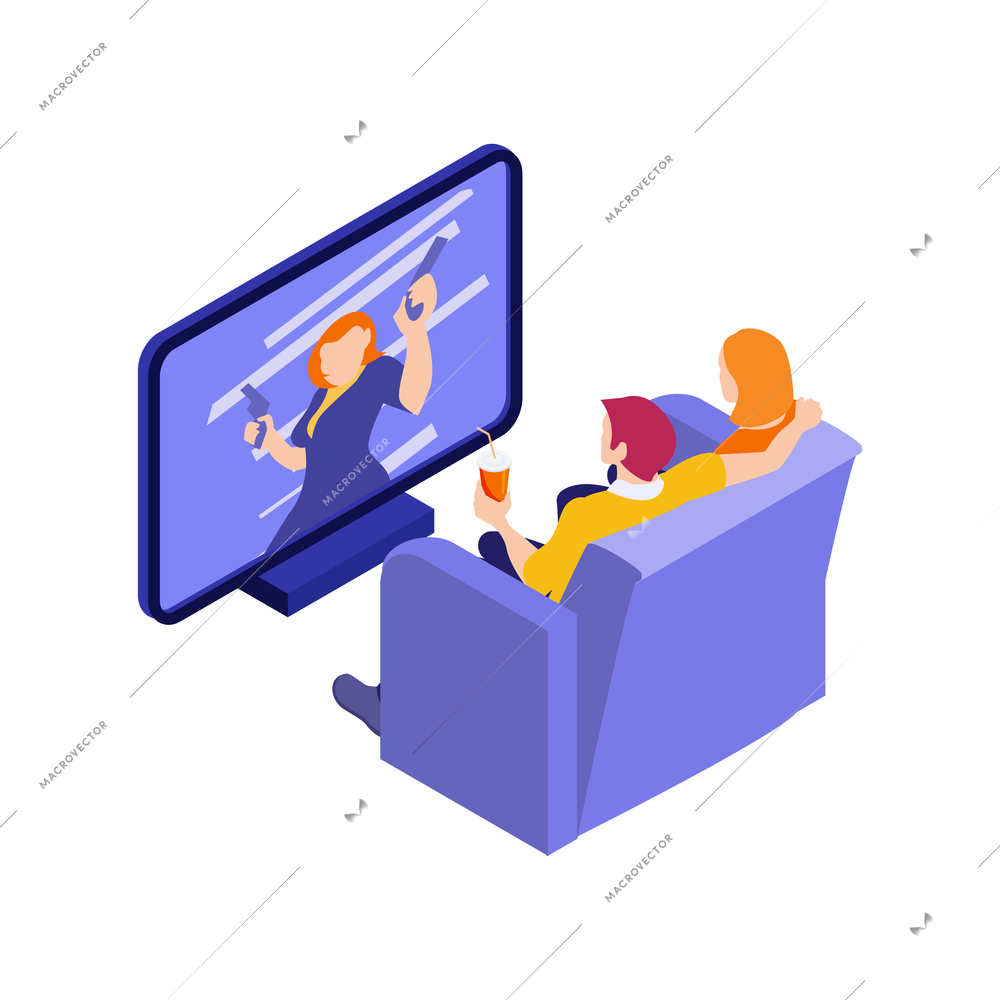 Isometric online cinema composition with loving couple watching thriller at home vector illustration
