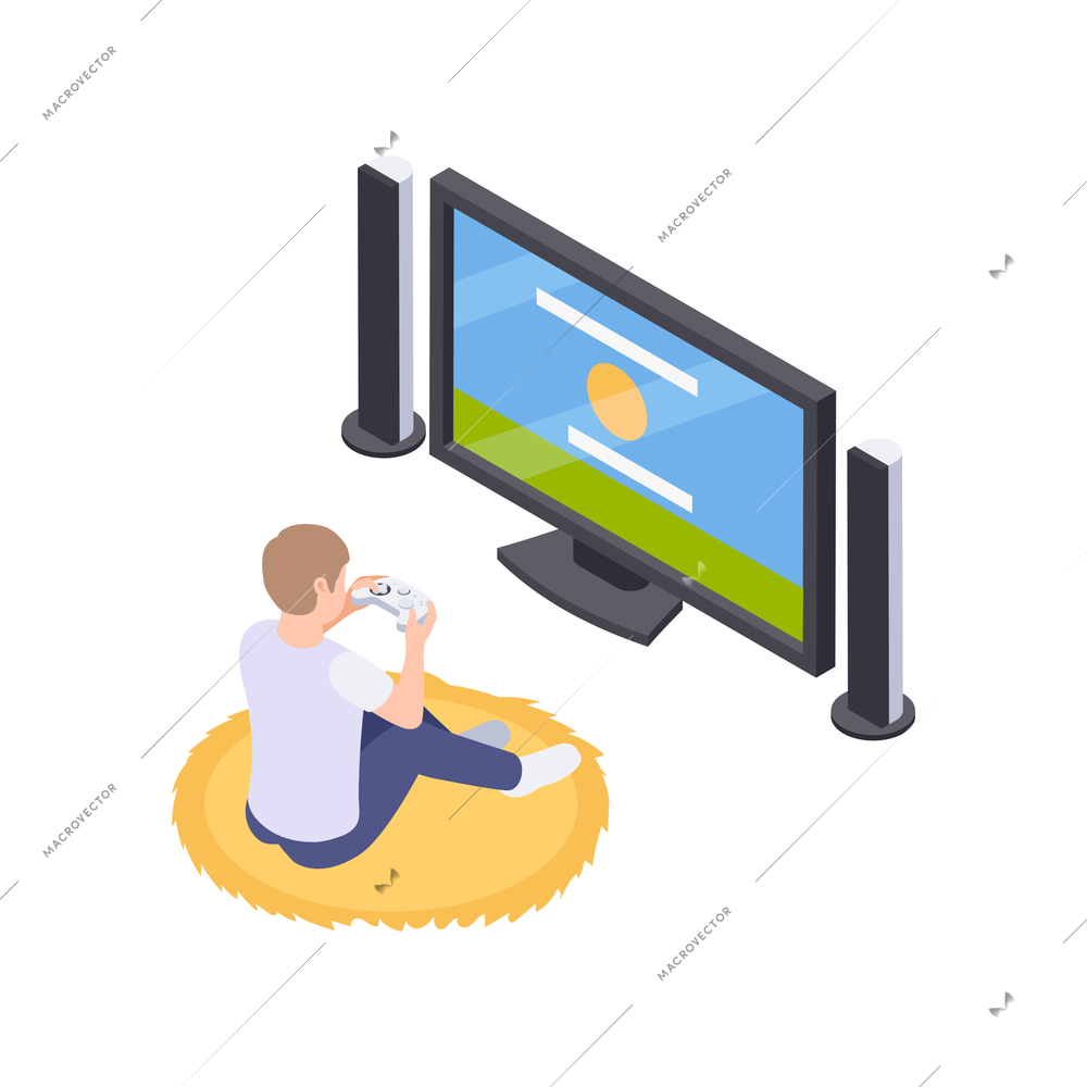 People staying at home hobby composition with teenage boy sitting in front of home cinema screen with joystick vector illustration