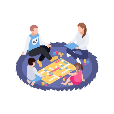 People staying at home hobby composition with family members children and adults playing board game vector illustration