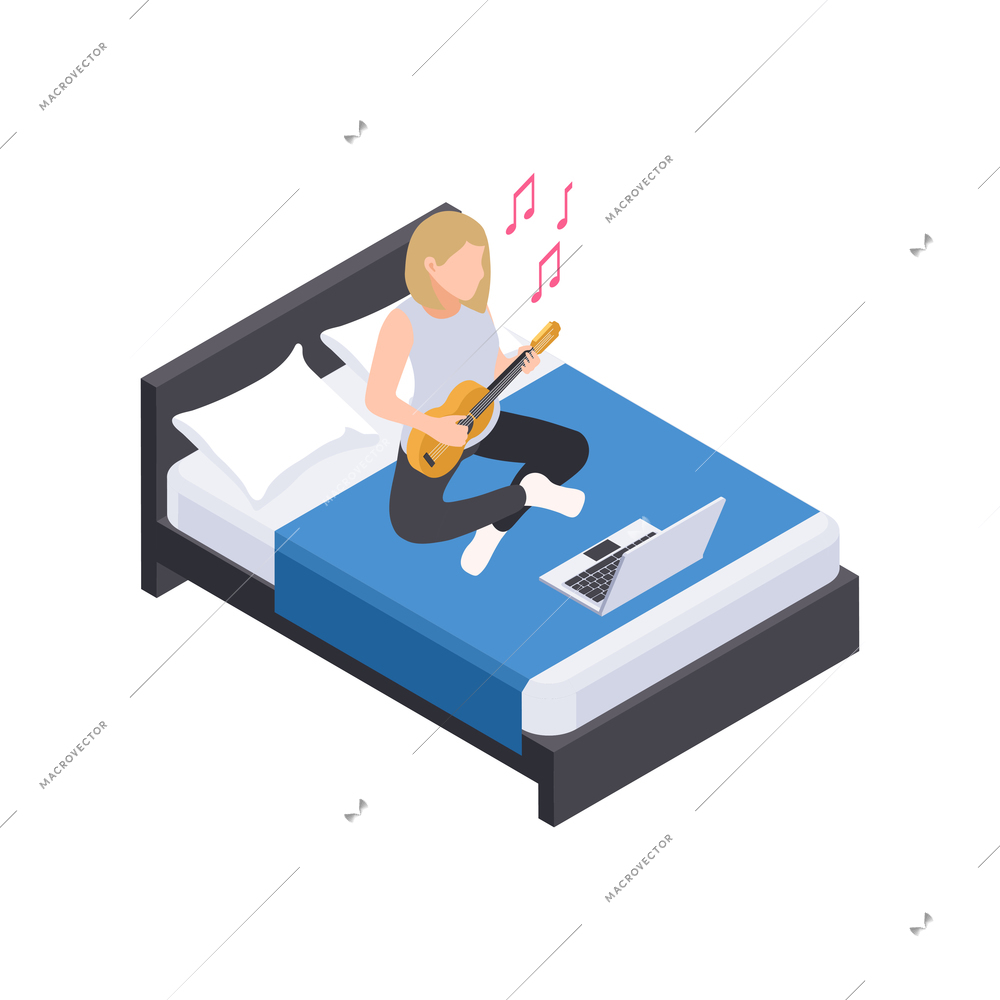 People staying at home hobby composition with teenager sitting on bed playing guitar with laptop vector illustration