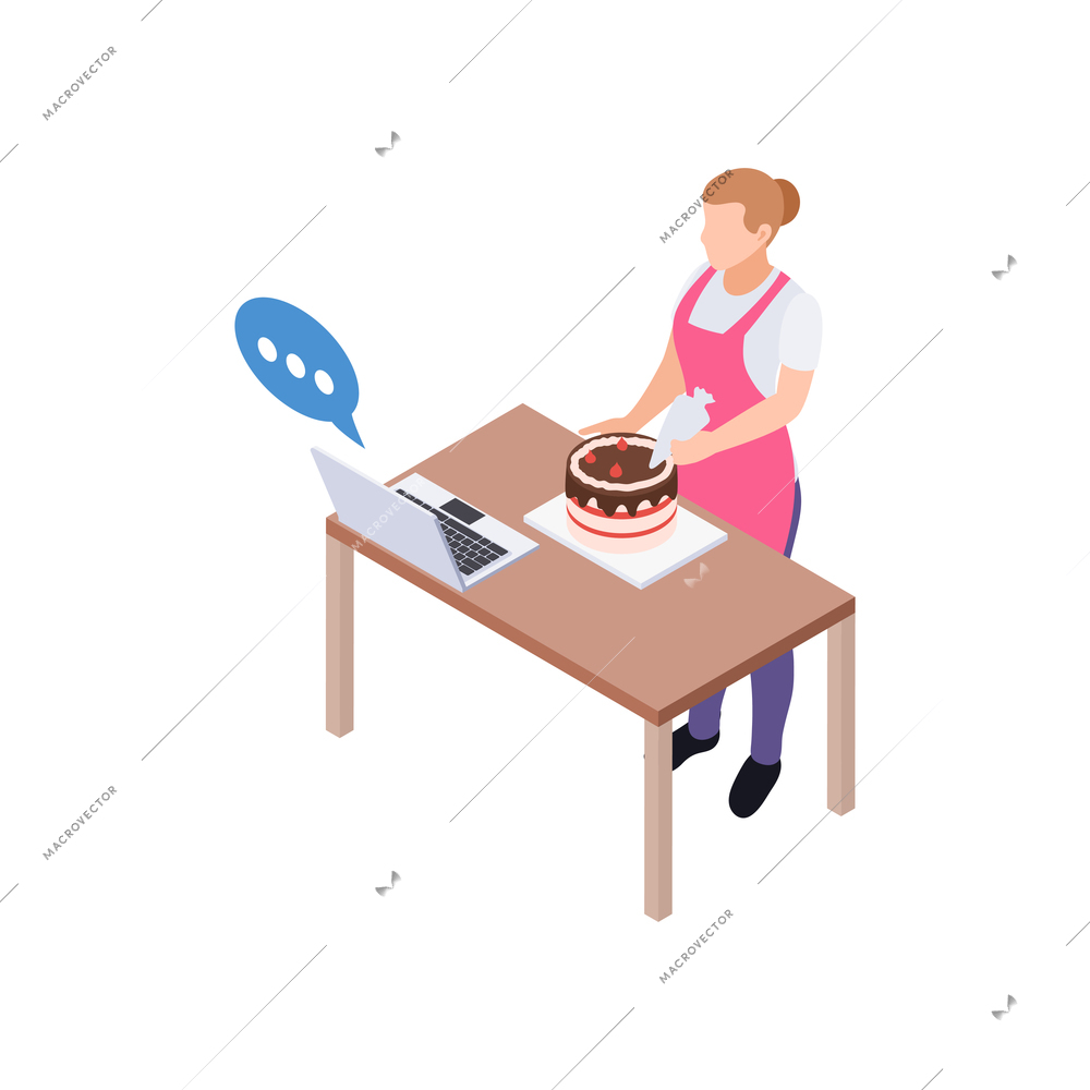 People staying at home hobby composition with woman cooking dish with laptop tutor vector illustration