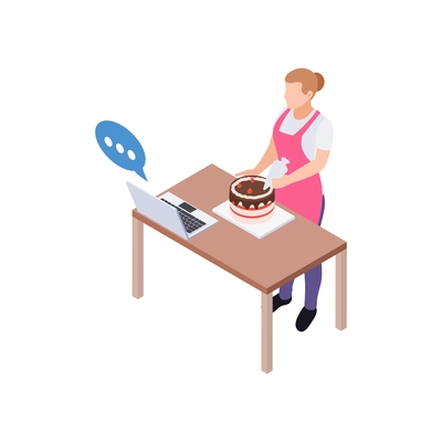 People staying at home hobby composition with woman cooking dish with laptop tutor vector illustration