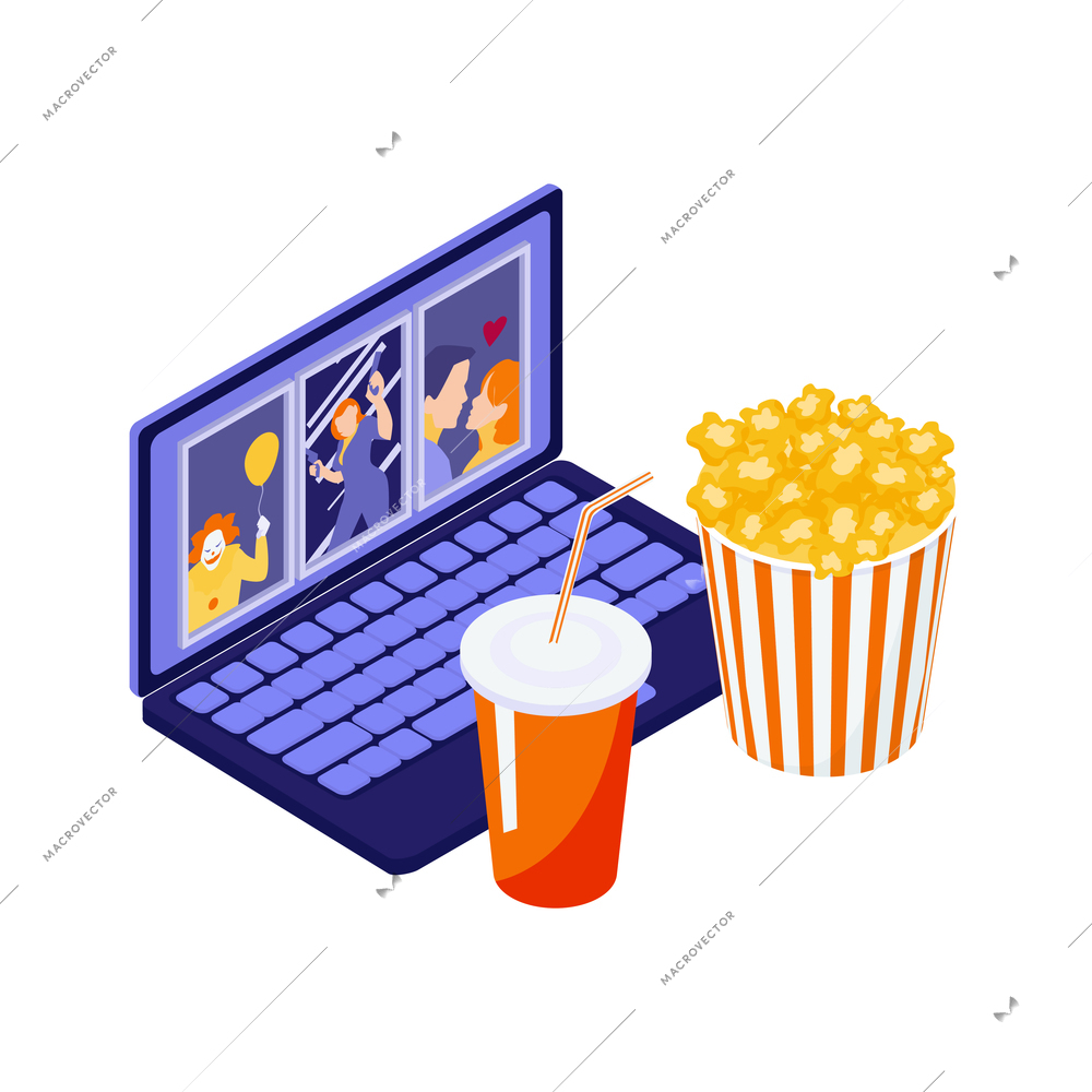 Isometric online cinema composition with images of laptop pop corn bucket and drink vector illustration