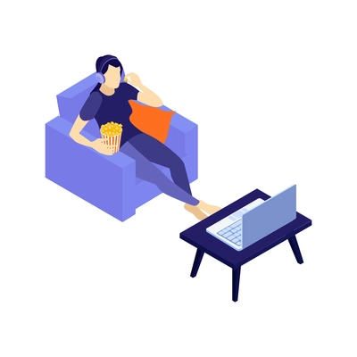 Isometric online cinema composition with single guy watching movie with pop corn vector illustration