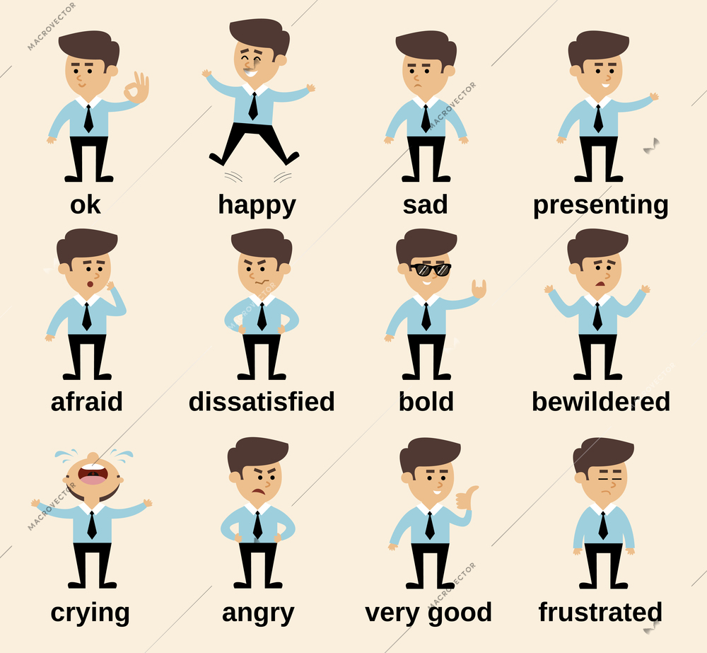 Businessman cartoon character emotions set isolated vector illustration