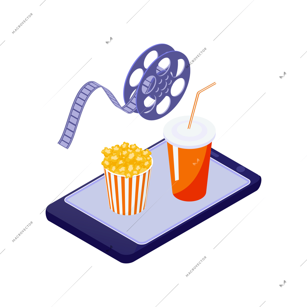 Isometric online cinema composition with icons of tablet with film reel pop corn and drink vector illustration