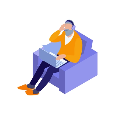 Isometric online cinema composition with bearded man on armchair with laptop and headphones vector illustration