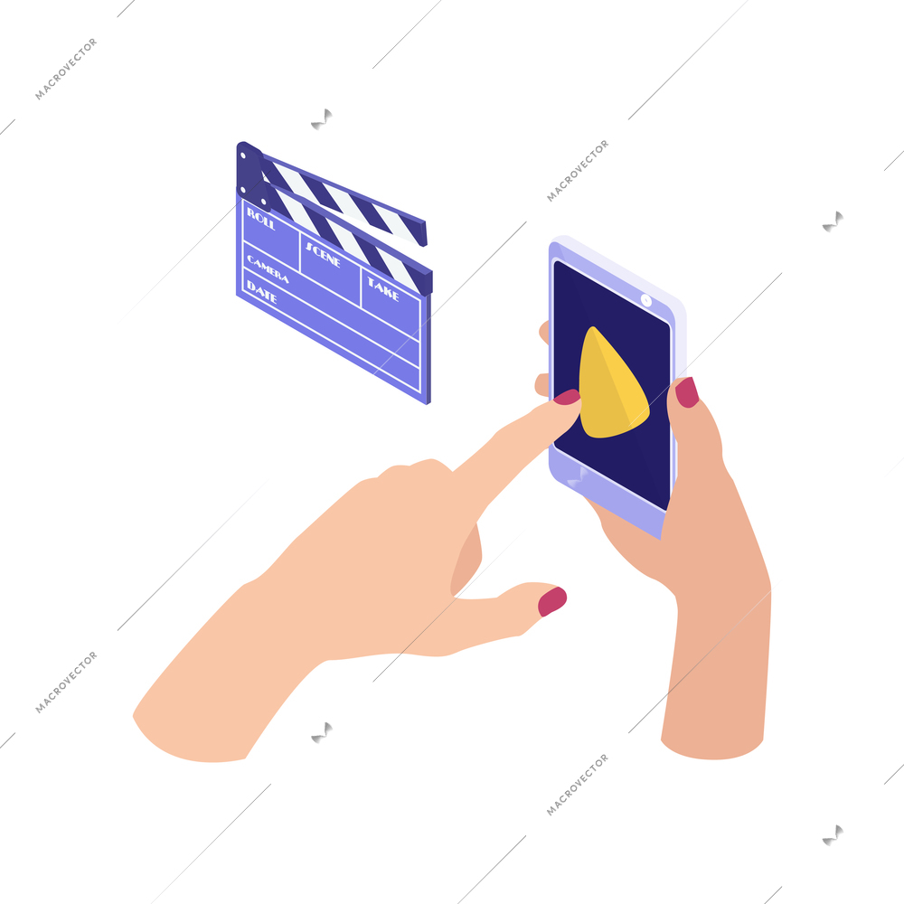 Isometric online cinema composition with human hands holding smartphone with play button vector illustration