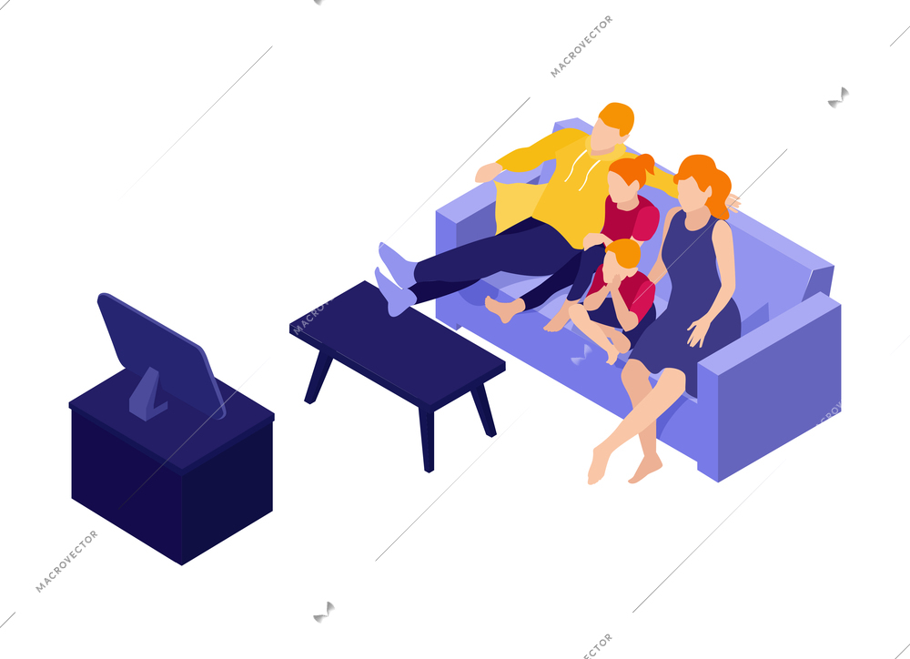 Isometric online cinema composition with family sitting on sofa watching tv vector illustration
