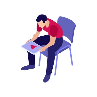 Isometric online cinema composition with single man sitting on chair with tablet and play button vector illustration
