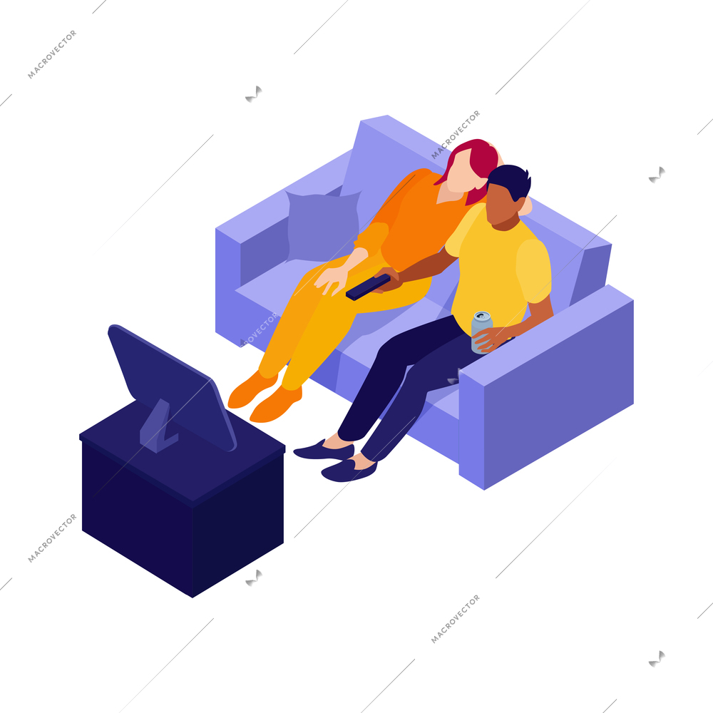 Isometric online cinema composition with loving couple watching movies on sofa vector illustration